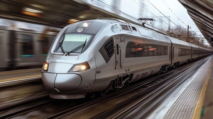 Fototapeta premium Innovative train transportation systems improving high-speed travel, energy efficiency, and passenger safety.