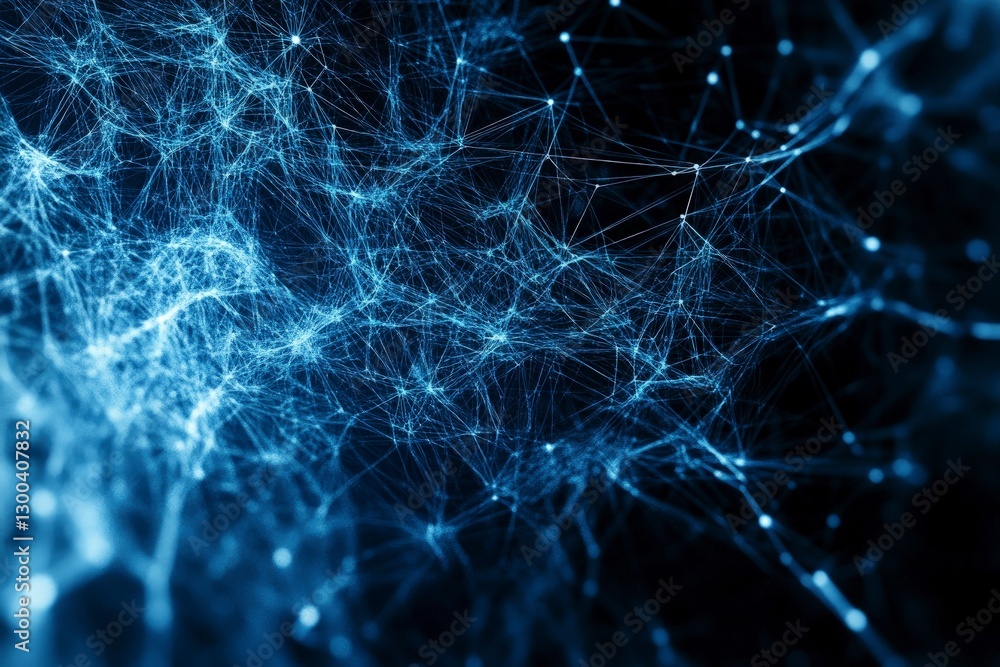 Poster abstract digital background with a blue mesh and connecting dots in perspective