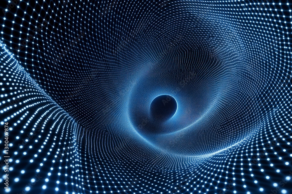 Poster abstract digital background with a blue mesh and connecting dots in perspective