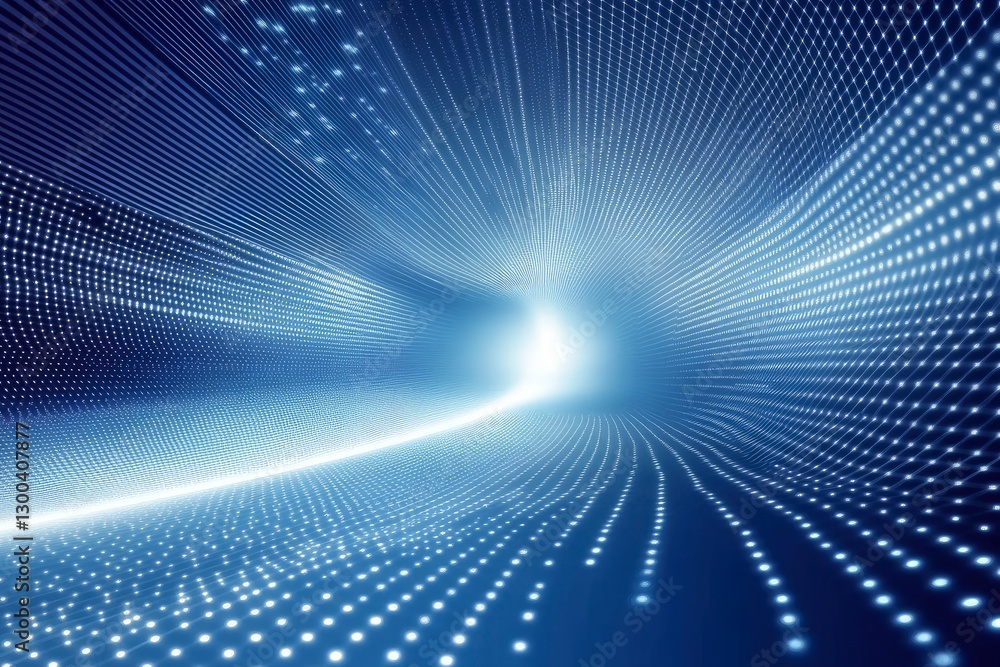 Poster abstract digital background with a blue mesh and connecting dots in perspective
