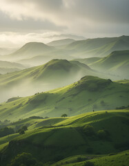 Fototapeta premium magnificent mountain landscape with green hills and valleys, fog. Clouds float beautifully across the sky, creating a feeling of tranquility and unity with nature.