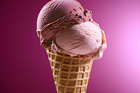 A tempting ice cream cone with strawberry and chocolate scoops, set against a vibrant pink background, evoking a sense of summer sweetness and simple pleasures.