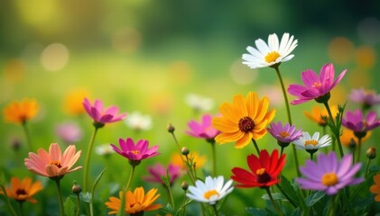Diverse flowers bloom together in lush meadow landscape , flowers, nature