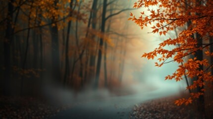 Autumn Forest Trail with Fog and Golden Leaves at Daybreak