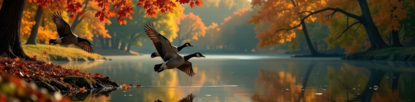 Geese flying low over calm autumn pond, colorful foliage, scenery, vibrant