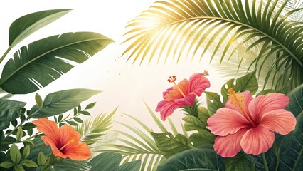 A photorealistic depiction of a lush tropical scene, featuring oversized palm leaves in vivid greens, vibrant hibiscus flowers