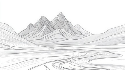 Monochrome Mountain Range Sketch with Winding Riverbed Illustration