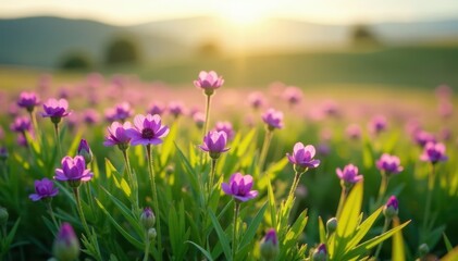 Field of Mongolian milkvetch with purple flowers and green leaves blooming in sunlight, mongolia, bloom