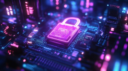 Cybersecurity Lock on Futuristic Circuit Board Design