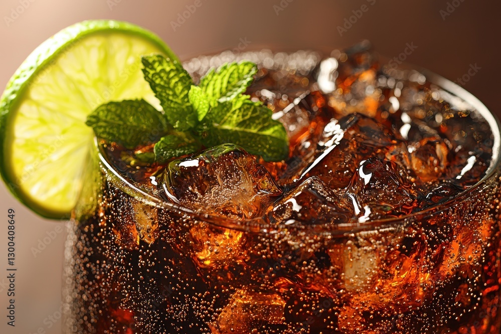 Poster a close-up of a refreshing cola drink with ice, lime and mint, showcasing its effervescence and invi