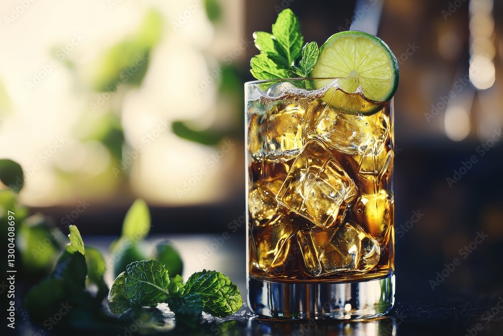 Poster refreshing whiskey and cola highball with ice cubes, a slice of lime, and mint sprig on a dark count