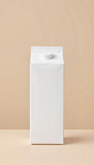 Minimalistic white milk carton on smooth tabletop, serene design