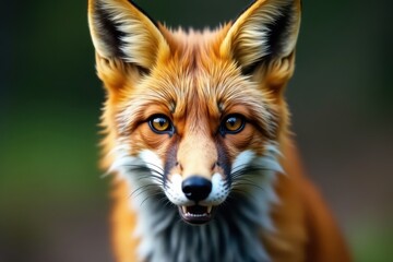 Fototapeta premium Fox gazes directly at camera with piercing brown eyes and sharp white teeth, fox, red fox