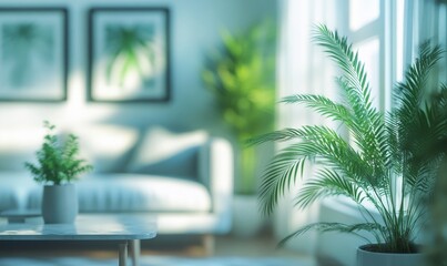Obraz premium Blurred living room interior with a sofa, coffee table, and plants in a white color tone. Scandinavian home decor design. Blurry background of a minimalist apartment for decoration ideas