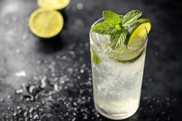 Fototapeta premium Refreshing mojito cocktail with lime and mint on a dark background, a classic summer beverage, perfect for hot weather, with ice and sugar around the rim.