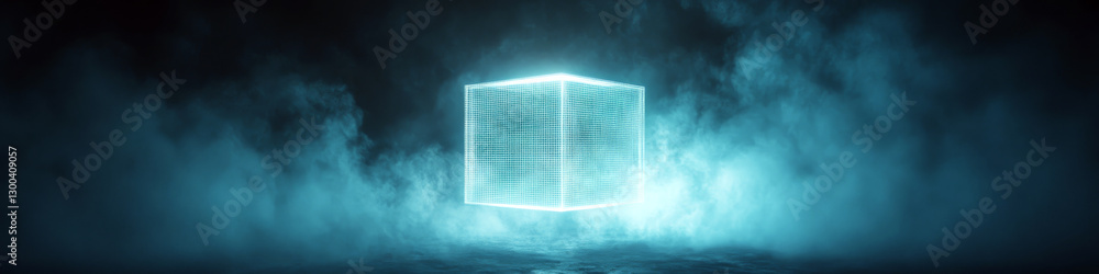 Poster glowing cube hovers in misty blue atmosphere with a mysterious aura. concept of futuristic and digit