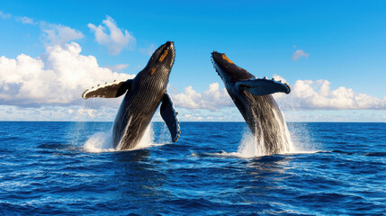 Majestic humpback whales breaching surface in vibrant ocean scene