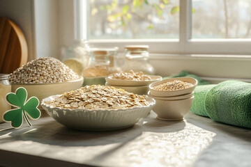 A bright and cozy kitchen scene with bowls of seeds and grains, a St. Patrick's Day clover decoration, and green towels near a sunny window.