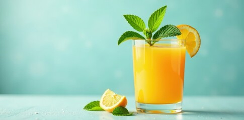Freshly squeezed orange juice drips from a leafy mint sprig into a glass of clear water , citrus, mint leaves