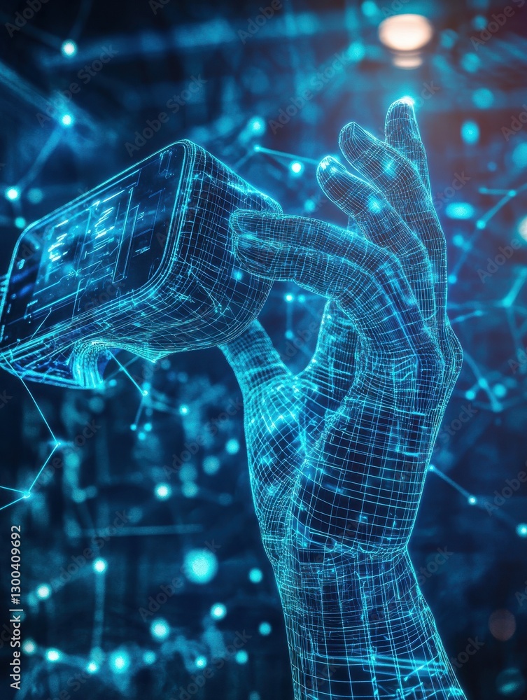 Poster digital wireframe hand interacting with virtual reality headset in a futuristic setting