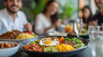 Diverse coworkers enjoying a lunch break with Colombian bandeja paisa, featuring rice, beans, ground beef, chorizo, fried egg, and avocado, in a modern cafeteria. Hispanic heritage month tradition