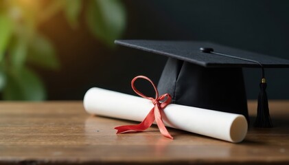 Graduation celebration with diploma and doctoral cap on a formal table, formal table, certificate