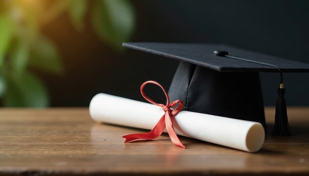 Graduation celebration with diploma and doctoral cap on a formal table, formal table, certificate