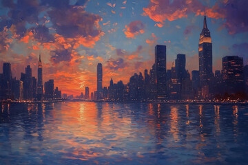 Obraz premium As dusk settles, the city skyline glows with majestic skyscrapers that mirror their brilliance in the calm river below, creating a peaceful atmosphere filled with color