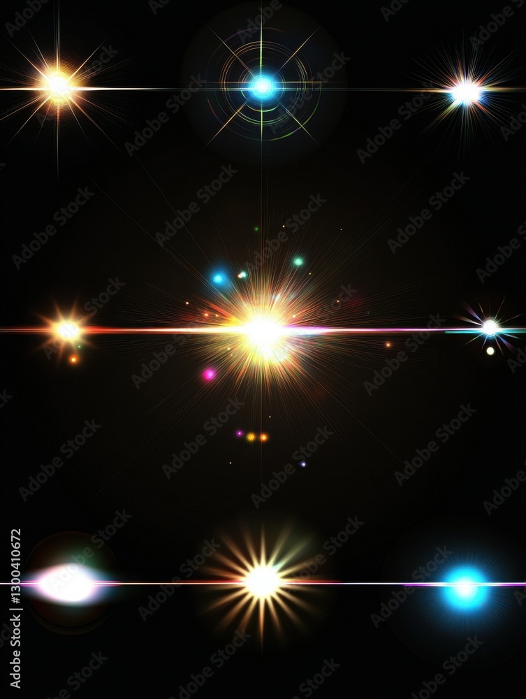 Poster bright light lens flares with various shapes and sizes on black background, creating stunning visual