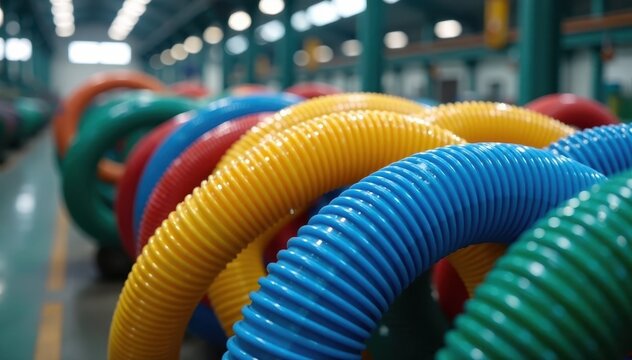 Industrial plastic spiral hoses with helical polymer wire reinforcement in a factory setting, mechanical engineering, spiral hose