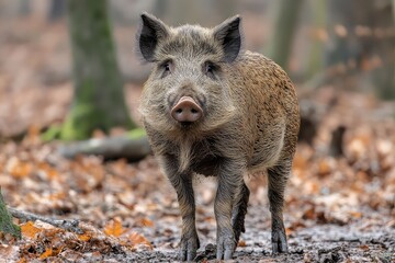 Wild boar standing on a forest floor covered with autumn leaves, surrounded by trees in the background