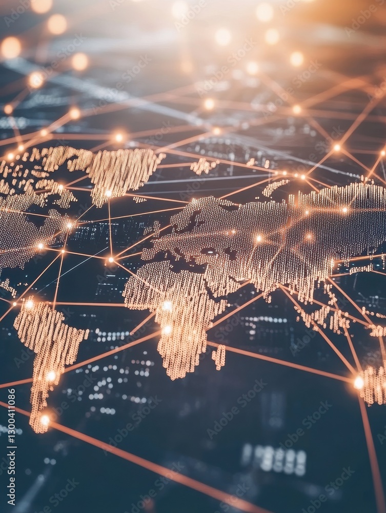 Poster abstract visualization of global network connections glowing lines link floating data nodes across w