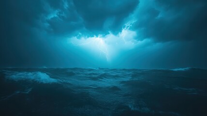 Dark Teal Ocean Storm: Dramatic Waves Crashing on Rocky Shore Under Lightning-Filled Sky