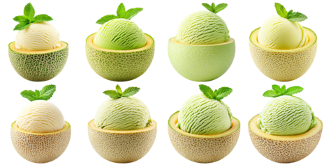 Collection of various a scoop of melon-flavored ice cream served in a melon bowl, garnished with fresh mint isolated on white transparent background PNG set