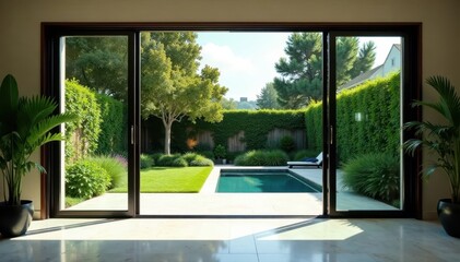 Modern home's sleek glass doors swing wide, showcasing a serene garden oasis, oasis, architecture