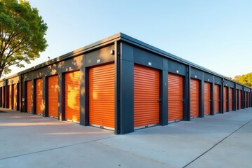 Fototapeta premium Modern self storage units with sliding closed doors and sleek exterior, facility-building, clean-design