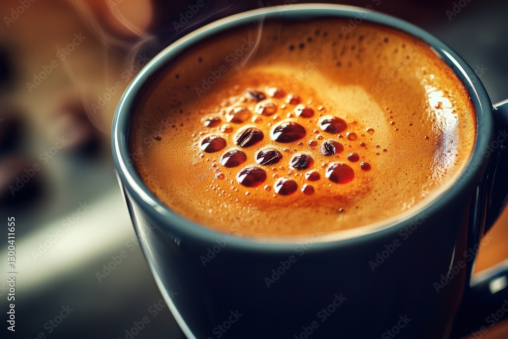 Poster a close-up of a steaming cup of rich, dark espresso with a thick layer of crema, showing coffee bean