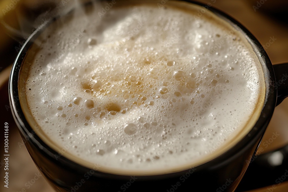 Aufkleber an inviting close-up of a steaming cappuccino with a thick layer of foam and intricate bubbles, prom
