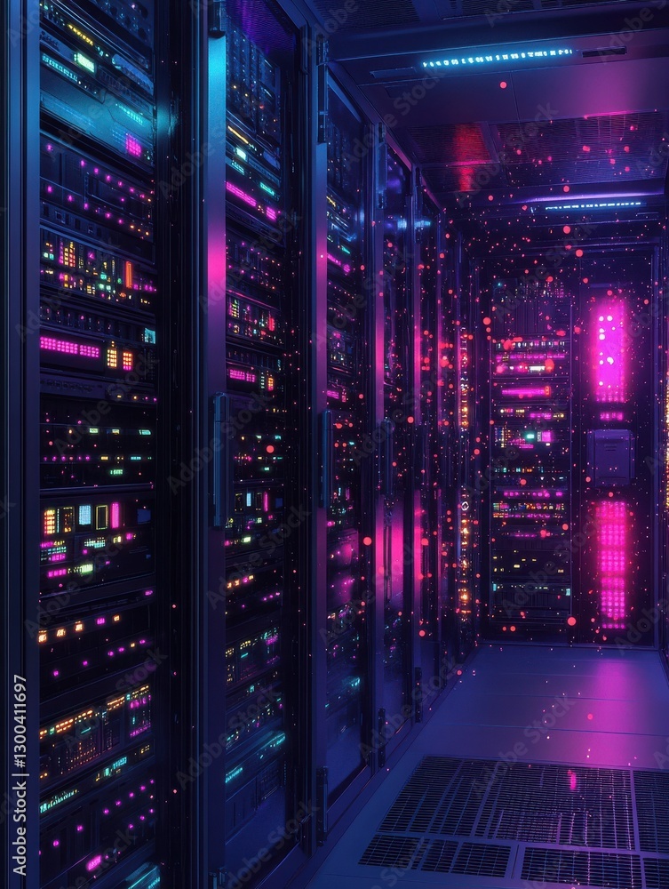 Poster of a server room with a digital overlay of mobile device management data and network connections.