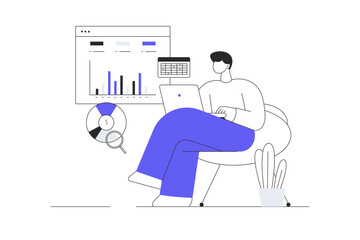 Digital business concept. Man work with charts and graphs. Management, planning, strategy development online. Flat Cartoon Vector Illustration, icon. Stylish abstract Flat design for website