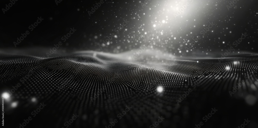 Poster exploring the depths of a futuristic abstract design with particles and waves in a dark setting