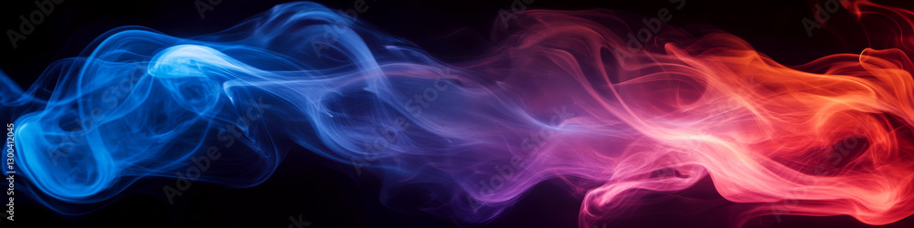 Poster blue and red smoke intertwine on a black background, creating a dynamic wave-like pattern. concept o