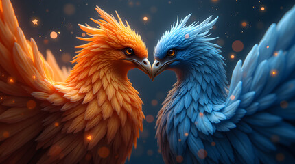 Colorful Magical Sparkling Digital Art Orange and Blue Phoenix Birds Facing Fantasy Mythical Lovebirds