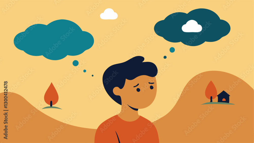 Poster thought bubble of nature a person with a troubled expression gazing upwards at a large thought bubbl