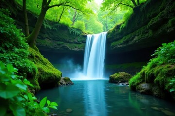 Serene waterfall cascading through lush greenery, nature, water