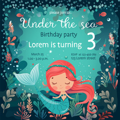Cute mermaid birthday party invitation template with underwater theme. Adorable mermaid with red hair, sea plants, and fish. Perfect for kids' celebrations and events
