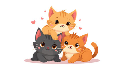 Obraz premium Cute Smiling Cartoon Kittens Stack Playful Hearts Digital Art Ginger, Gray, Black