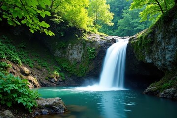 Naklejka premium Serene waterfall cascading down a rocky slope amidst dense foliage and vibrant greenery, greenery, landscape