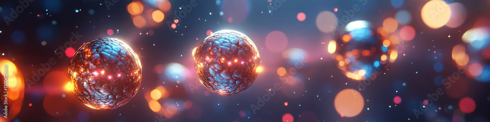 Poster glowing spheres float surrounded by vibrant lights and colors, creating a sense of energy and motion