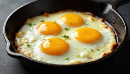Sizzling eggs in a cast iron pan, with golden yolk and crispy edges , meal, pan